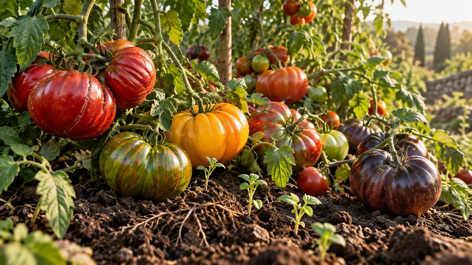 Reife Tomaten in verschiedenen Farben wachsen an kräftigen Pflanzen im Garten.